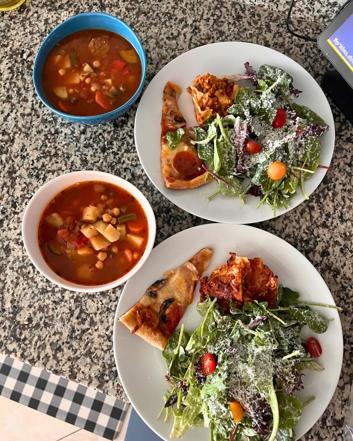 two sets of leftovers plated and ready for lunch.