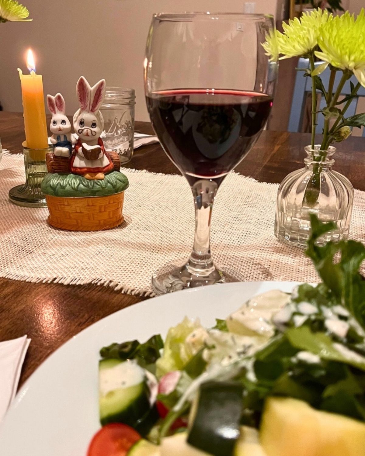 sunday dinner table set with Lund's Lights bunny set. 