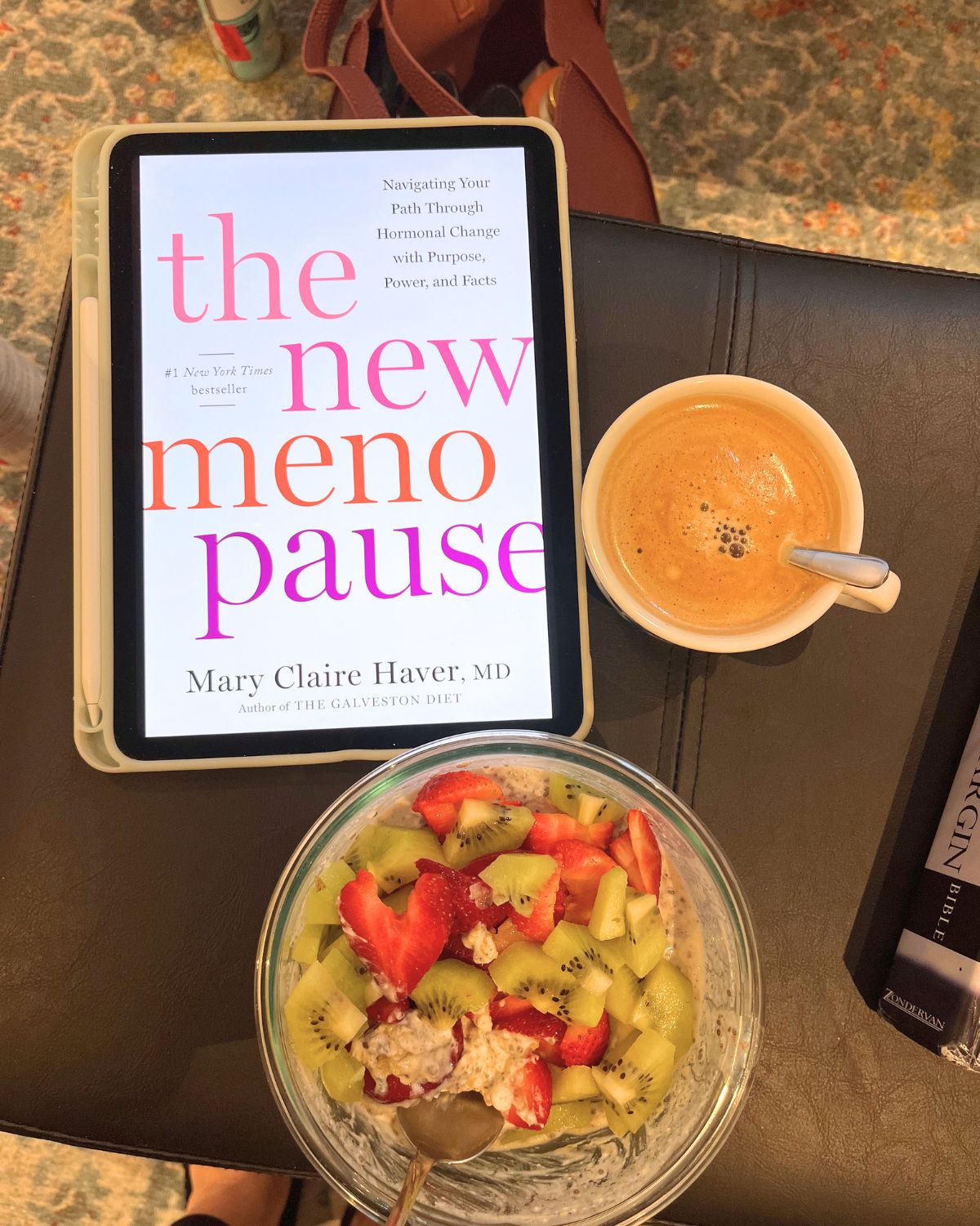 the new menopause with bowl of overnight oats and cup of espresso.