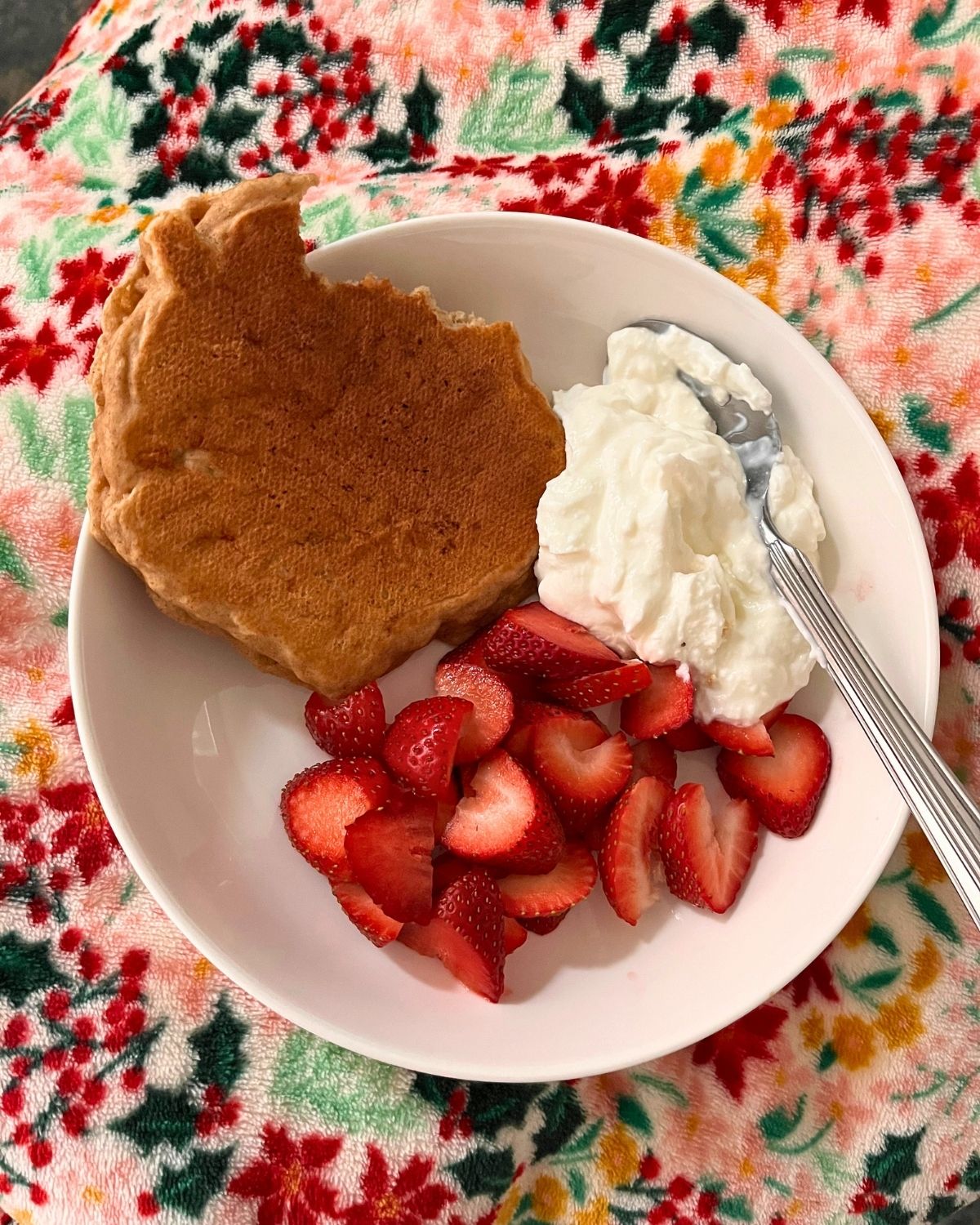 bowl of banana bread pancake, homemade yogurt, and fresh strawberries.