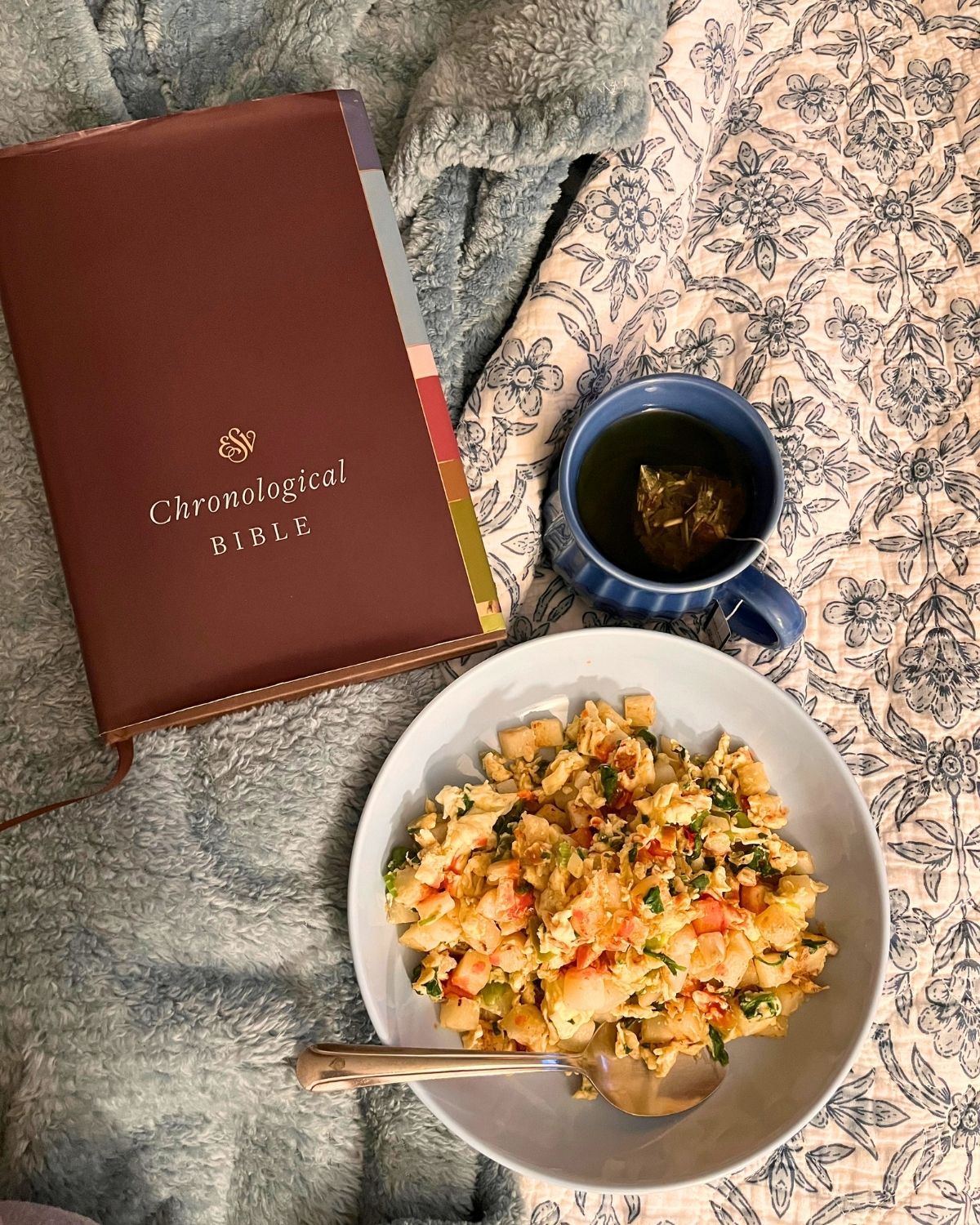 chronological bible on bed next to cup of tea and plate of scrambled eggs.