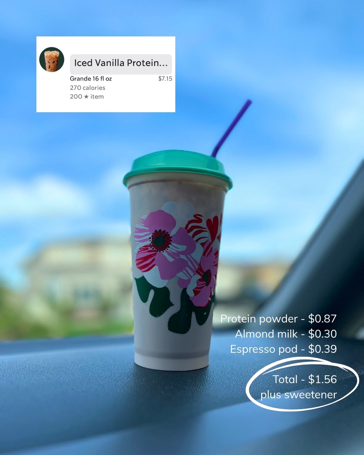 iced protein latte with cost breakdown comparing to starbucks.