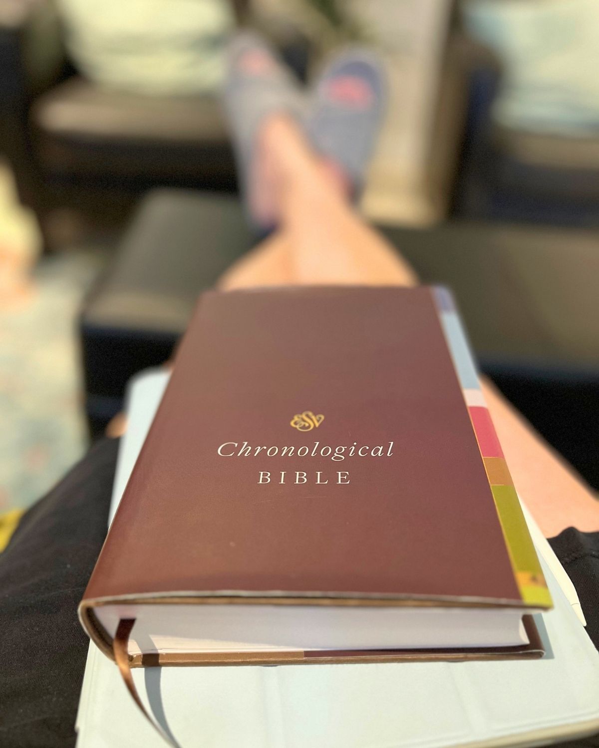 chronological bible stacked on iPad on lap.