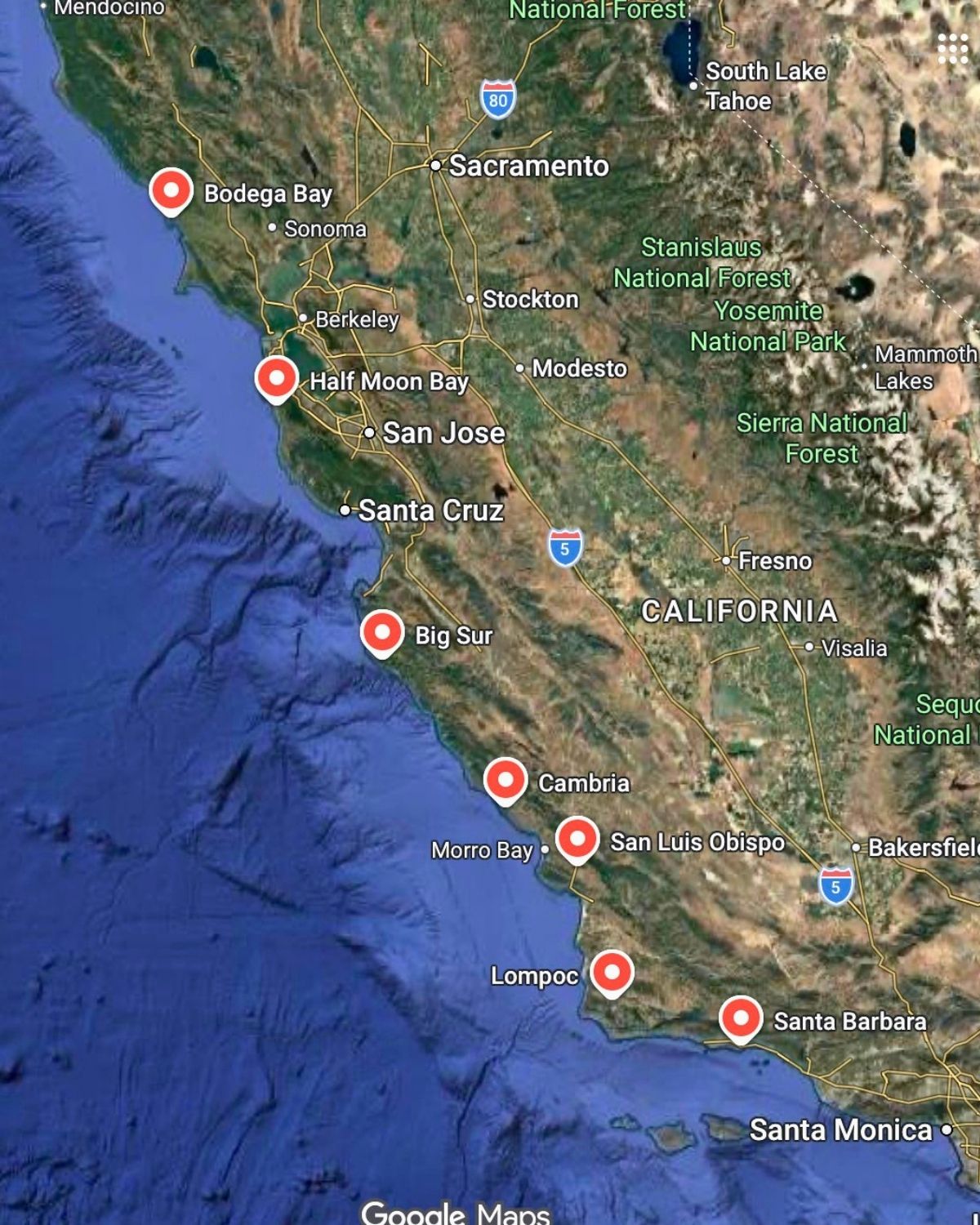 dotted road map of a coastal california road trip.
