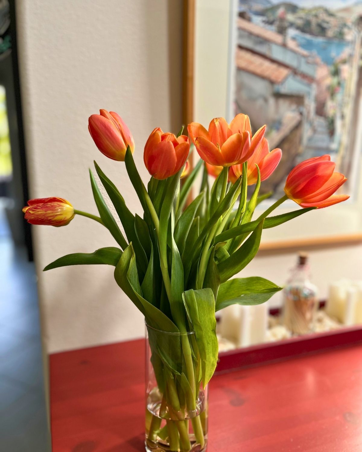 vase of opened orange tulips on red dresser.