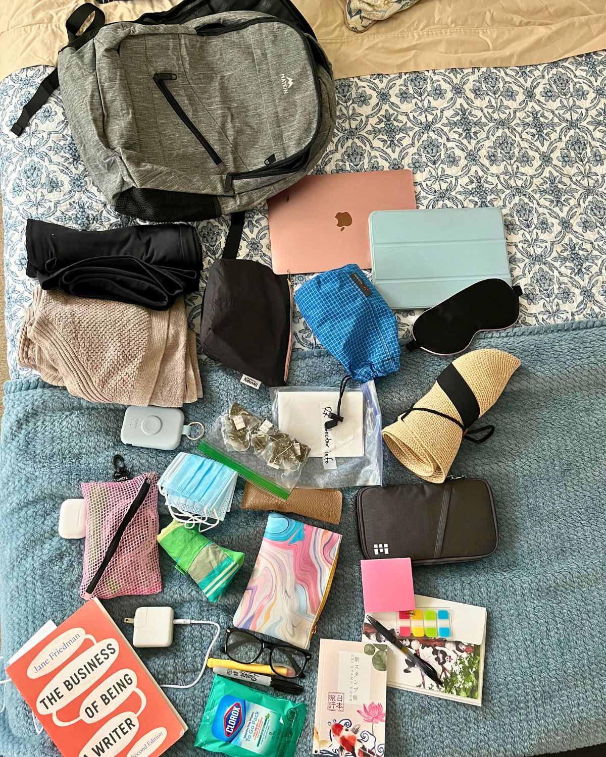 what got packed in my carryon, laid out on bed.
