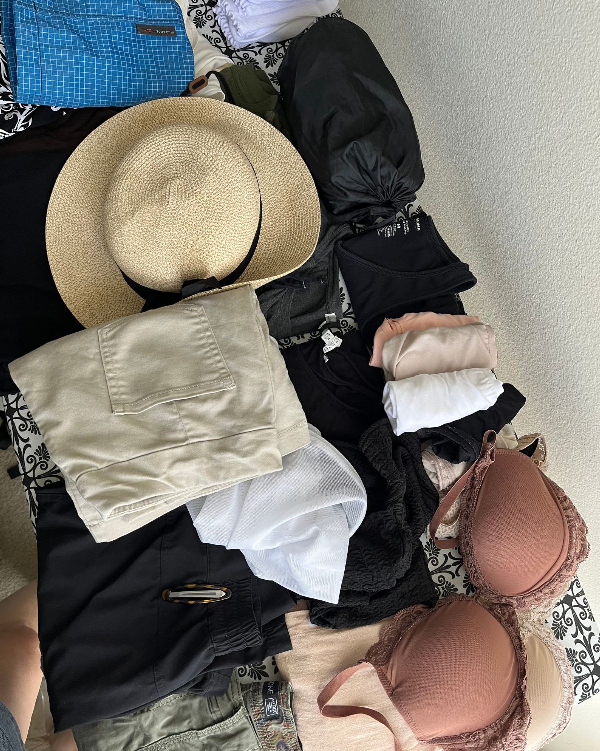 clothes that I packed for Japan, laid out on a table.