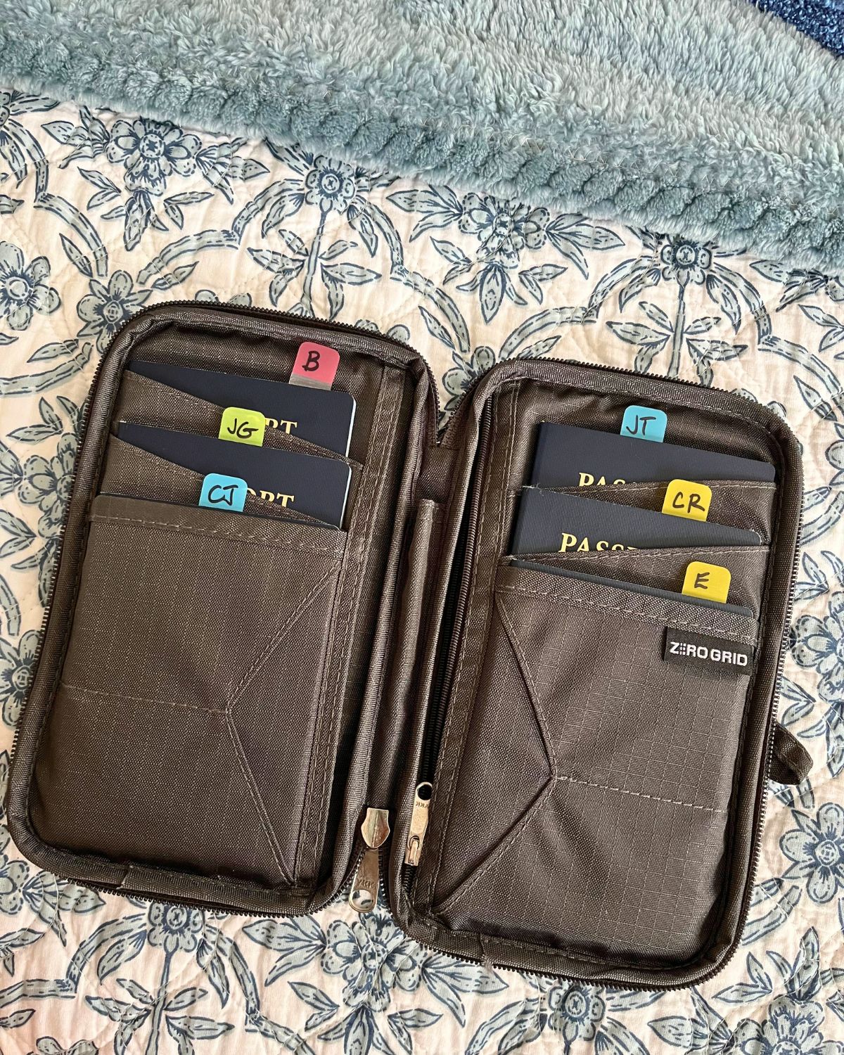 passport wallet tagged with everyone's names.