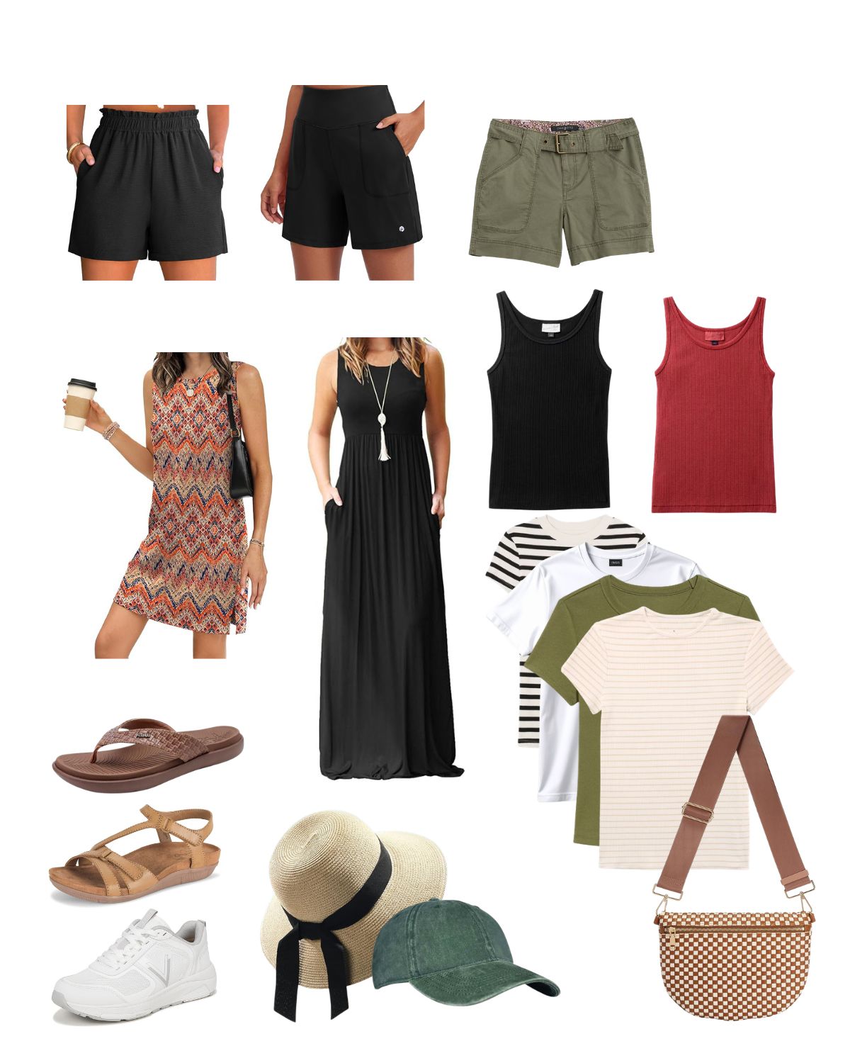 collage of my summer wardrobe on white background.