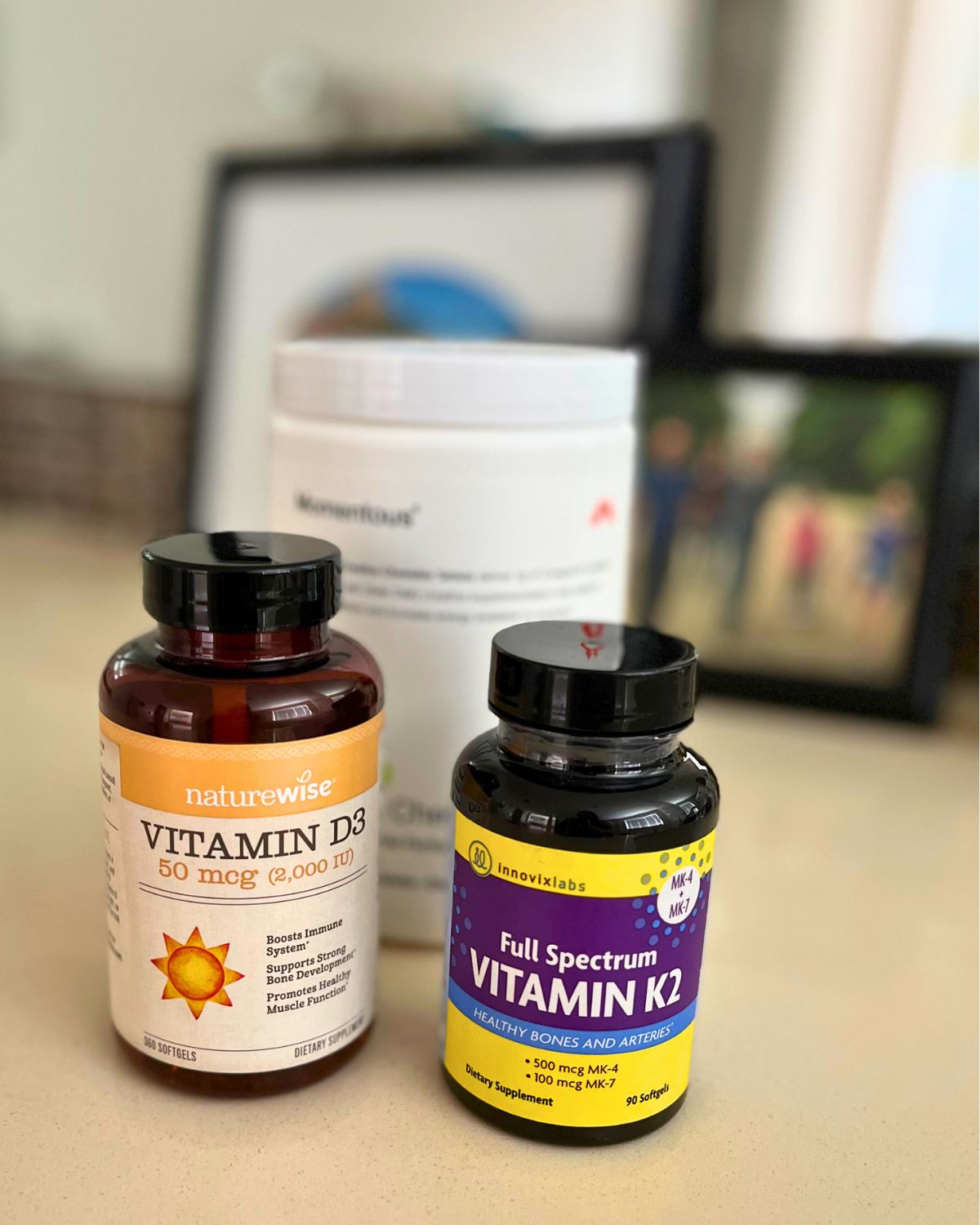 vitamins on bathroom counter.