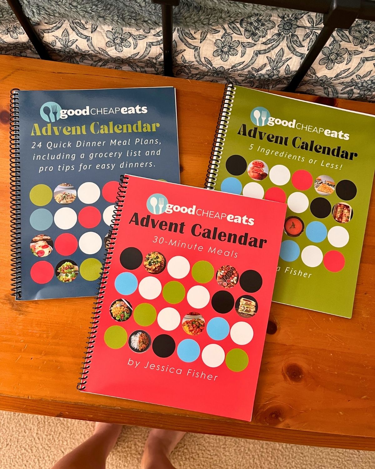 advent calendars laid out on cedar chest.