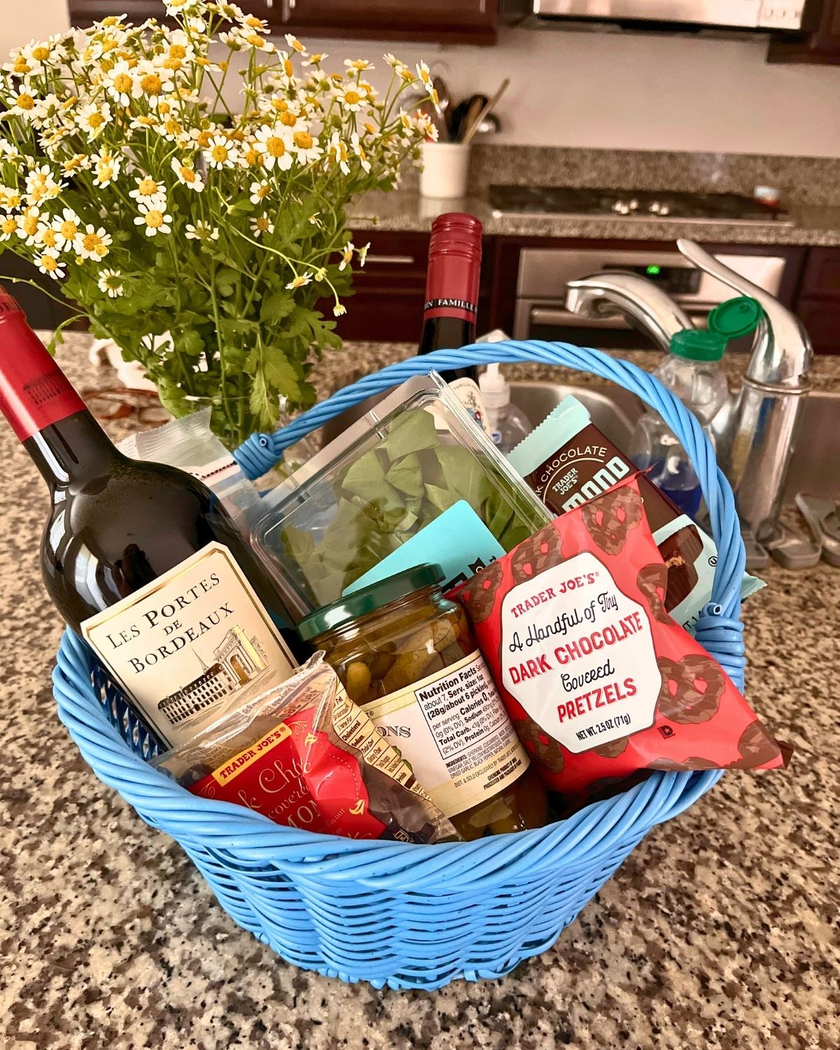 staycation basket on kitchen counter.