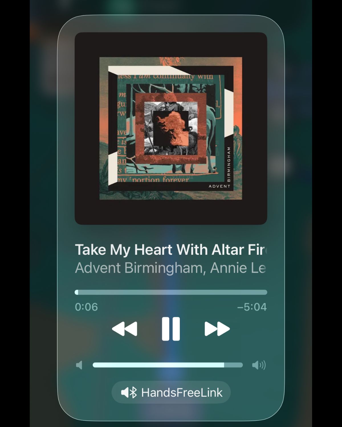 screen shot of Spotify, "take my heart with altar fire."